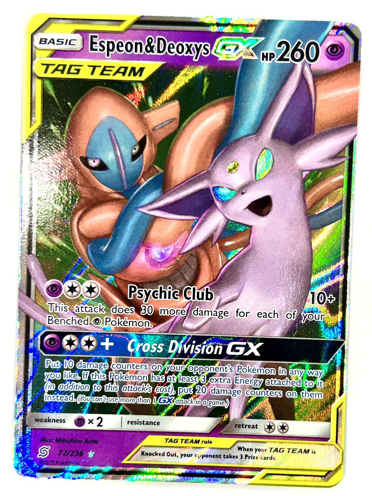 Espeon & Deoxys GX 72/236 Holo GX Rare Unified Minds Pokemon Near Mint
